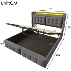Okwish Lit Coffre 160 x 200 Cm - Lit Double avec Tête de Lit LED et Charge USB C - Bois, Coton, Métal - avec Matelas - Gris