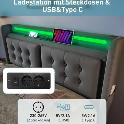 Okwish Lit Coffre 160 x 200 Cm - Lit Double avec Tête de Lit LED et Charge USB C - Bois, Coton, Métal - avec Matelas - Gris