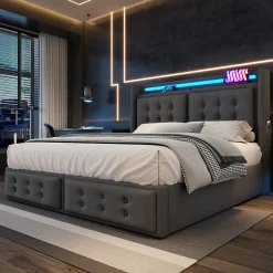 Okwish Lit Coffre 160 x 200 Cm - Lit Double avec Tête de Lit LED et Charge USB C - Bois, Coton, Métal - avec Matelas - Gris