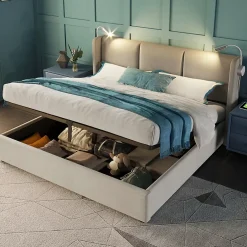 Okwish Lit Coffre 140 x 200 Cm - Lit Double avec Lampe de Lecture et Charge USB - Bois Massif et Lin - Sans Matelas - Beige Online