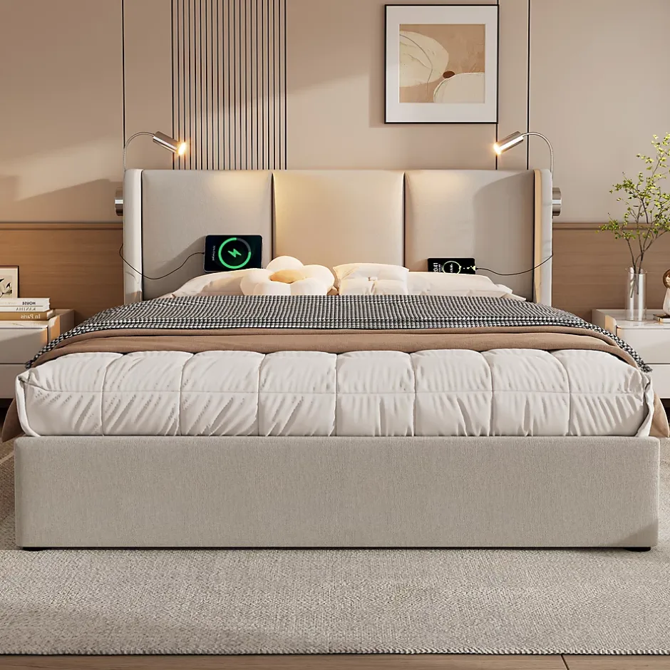 Okwish Lit Coffre 140 x 200 Cm - Lit Double avec Lampe de Lecture et Charge USB - Bois Massif et Lin - Sans Matelas - Beige Online