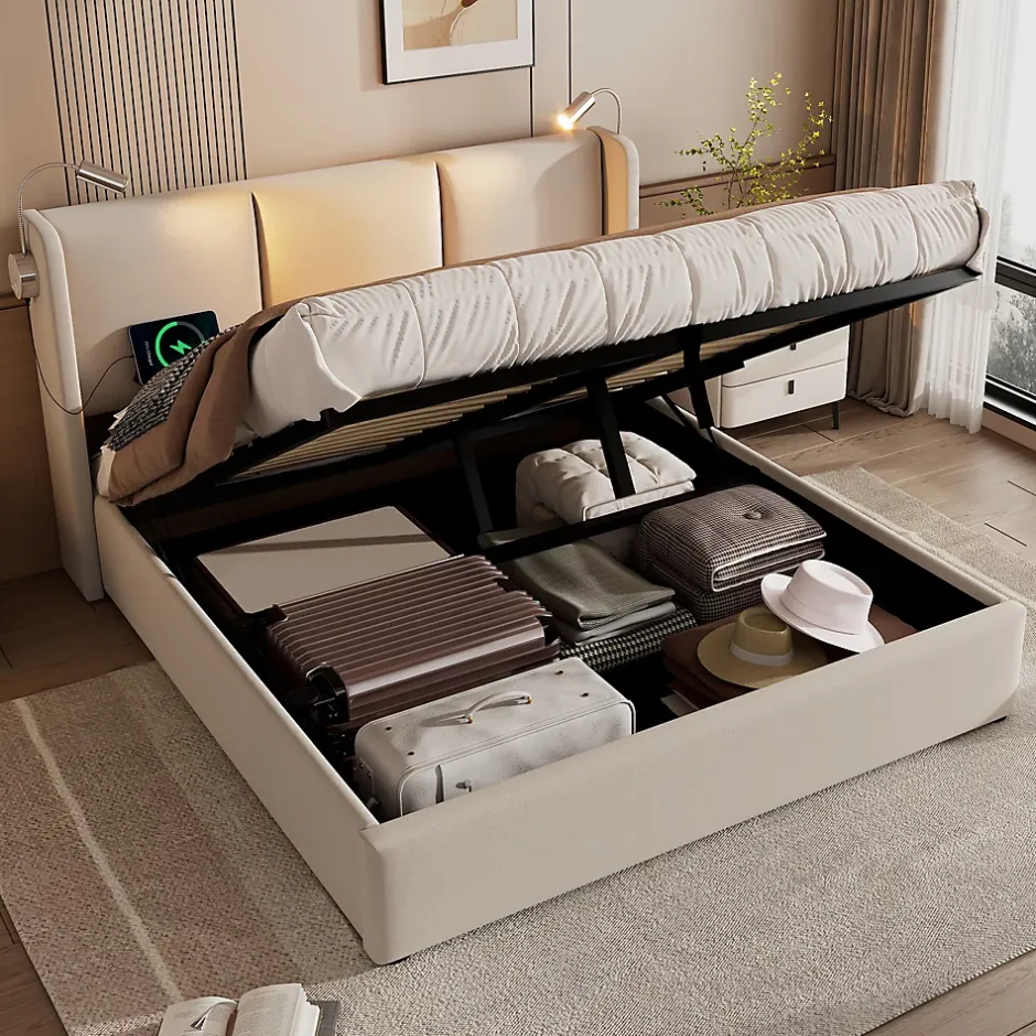 Okwish Lit Coffre 140 x 200 Cm - Lit Double avec Lampe de Lecture et Charge USB - Bois Massif et Lin - Sans Matelas - Beige Online