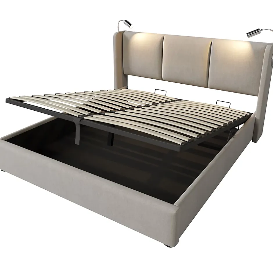 Okwish Lit Coffre 140 x 200 Cm - Lit Double avec Lampe de Lecture et Charge USB - Bois Massif et Lin - Sans Matelas - Beige Online