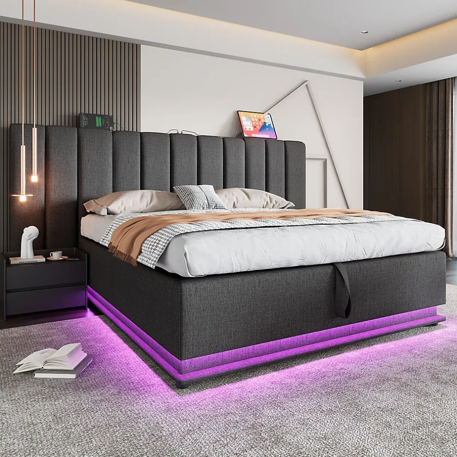Generique Lit Coffre 160 x 200 Cm - Lit Double avec LED et Charge USB-C - Métal, Lin, Bois Massif - Sans Matelas - Gris New