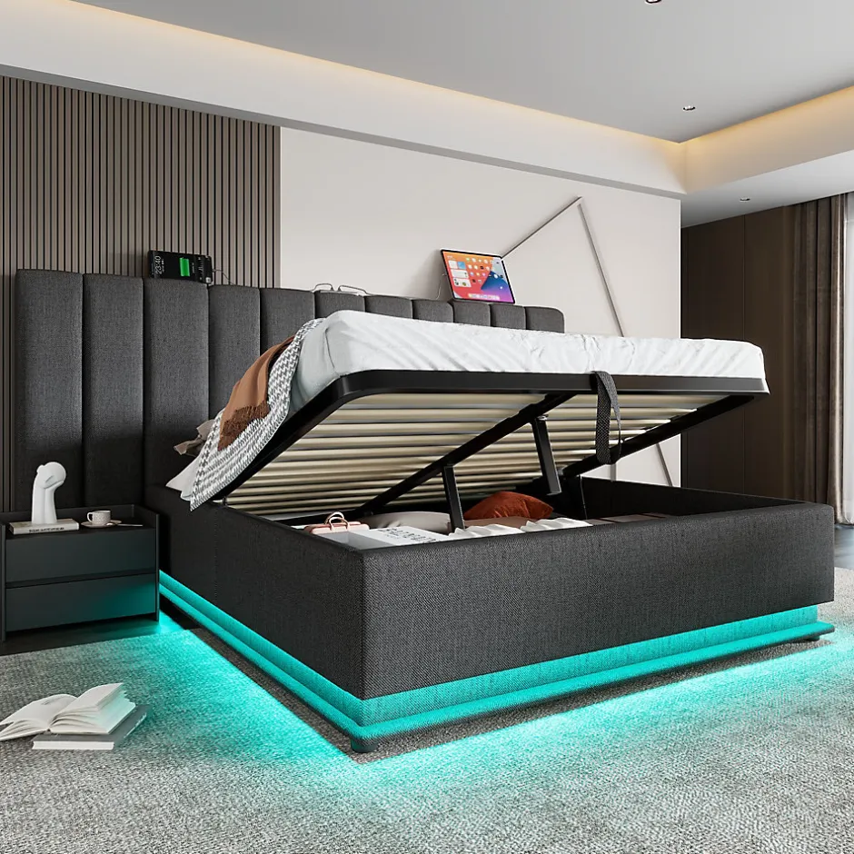 Generique Lit Coffre 160 x 200 Cm - Lit Double avec LED et Charge USB-C - Métal, Lin, Bois Massif - Sans Matelas - Gris New