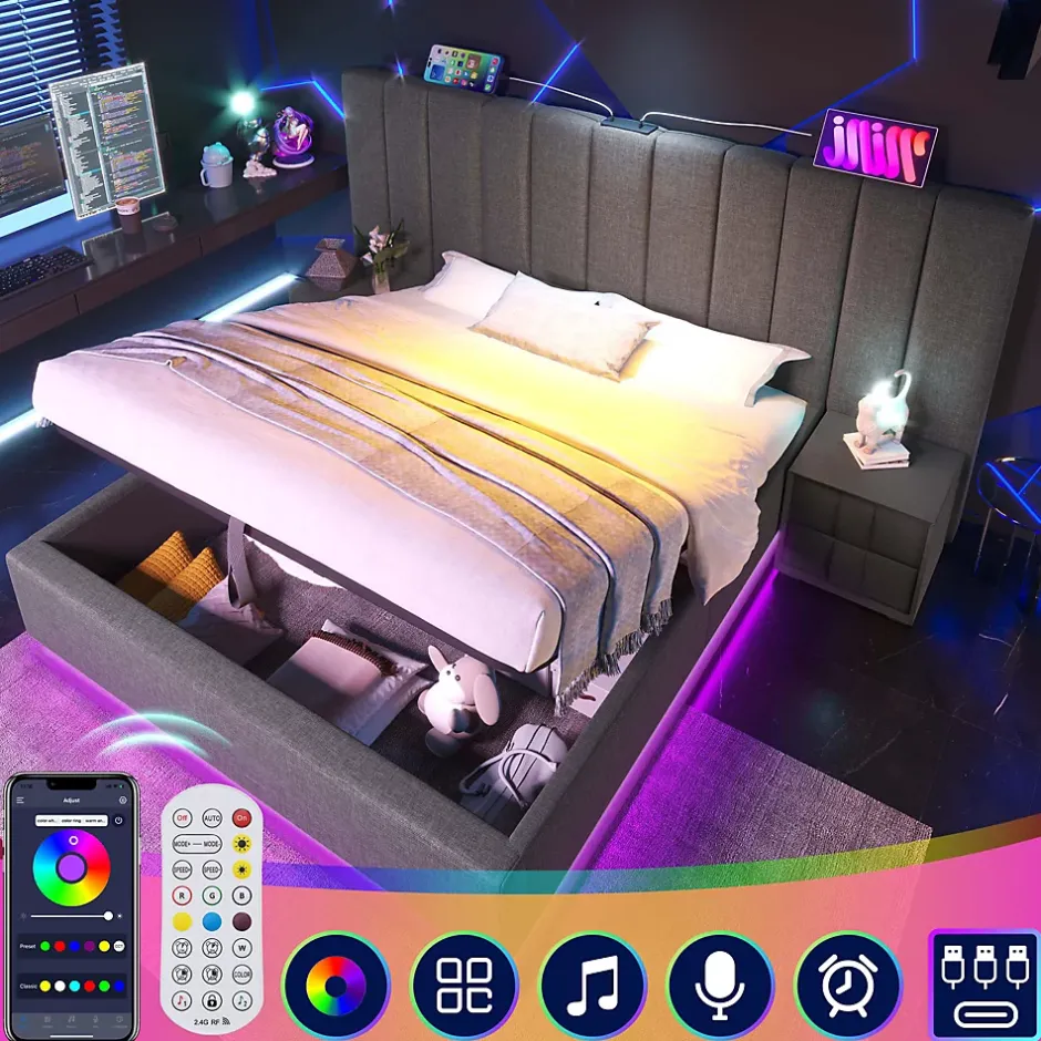 Generique Lit Coffre 160 x 200 Cm - Lit Double avec LED et Charge USB-C - Métal, Lin, Bois Massif - Sans Matelas - Gris New