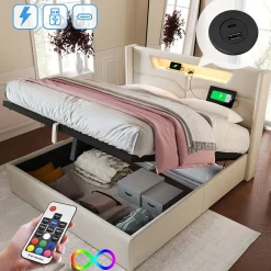 Okwish Lit coffre 160 x 200 cm - Lit double avec USB Type-C et LED - Lin - Sans Matelas - Beige