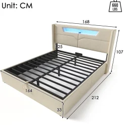 Okwish Lit coffre 160 x 200 cm - Lit double avec USB Type-C et LED - Lin - Sans Matelas - Beige