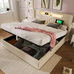 Okwish Lit coffre 160 x 200 cm - Lit double avec USB Type-C et LED - Lin - Sans Matelas - Beige