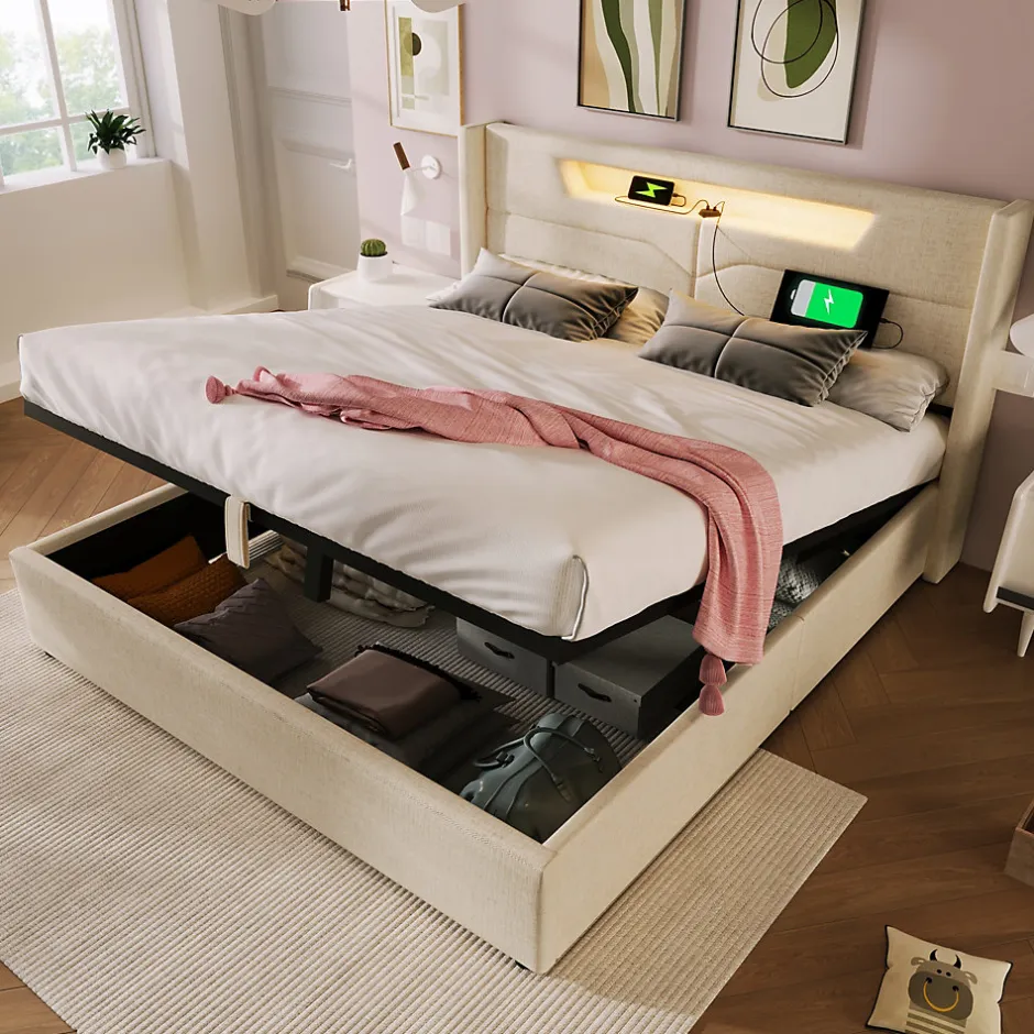 Okwish Lit coffre 160 x 200 cm - Lit double avec USB Type-C et LED - Lin - Sans Matelas - Beige