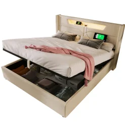 Okwish Lit coffre 160 x 200 cm - Lit double avec USB Type-C et LED - Lin - Sans Matelas - Beige