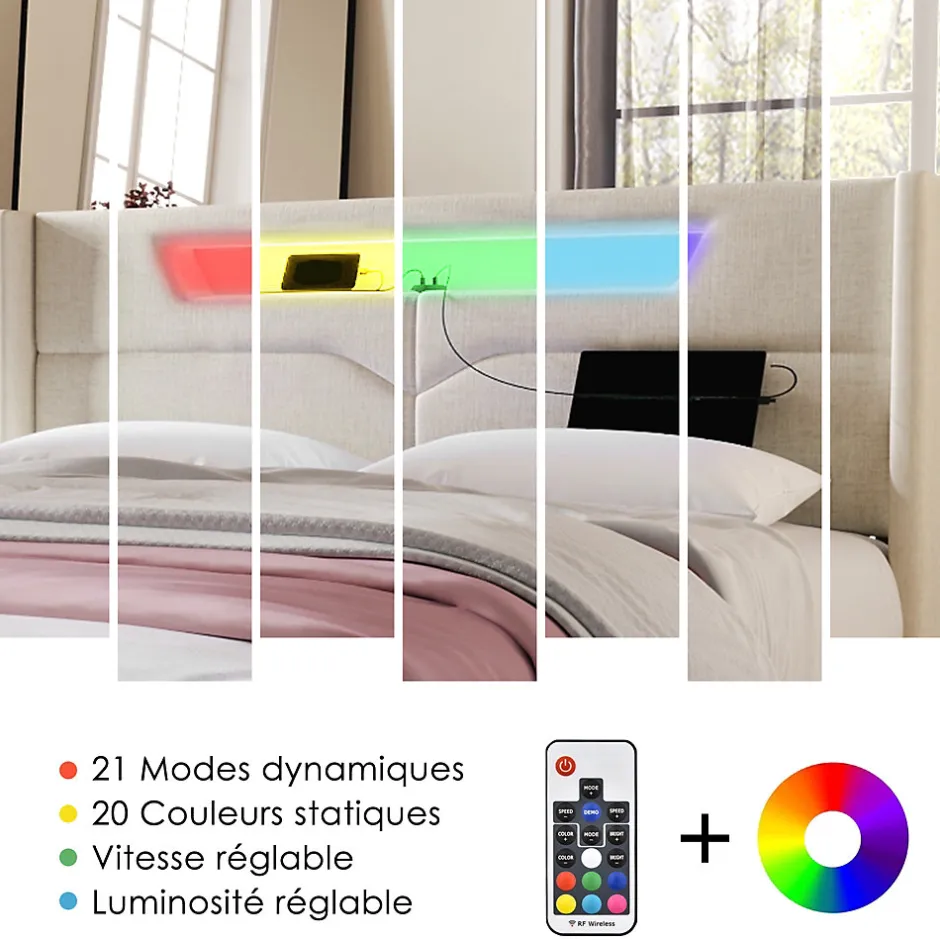 Okwish Lit coffre 160 x 200 cm - Lit double avec USB Type-C et LED - Lin - Sans Matelas - Beige