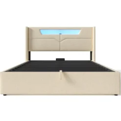 Okwish Lit coffre 160 x 200 cm - Lit double avec USB Type-C et LED - Lin - Sans Matelas - Beige