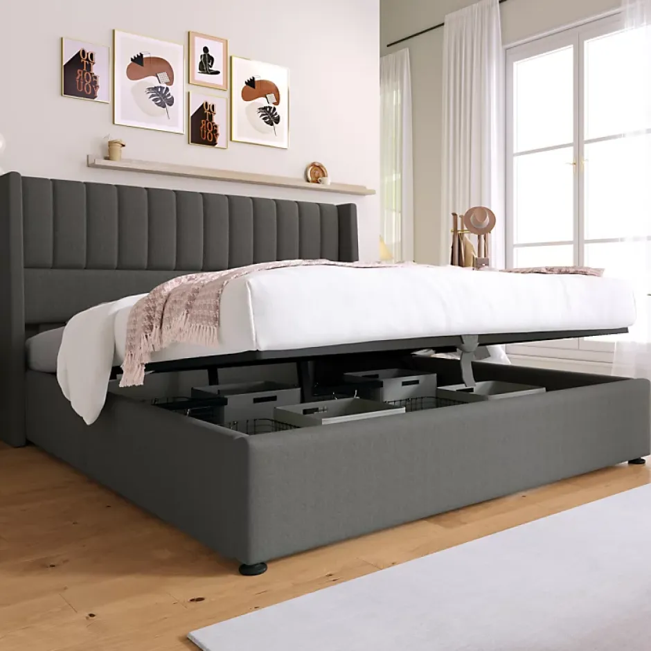 Generique Lit coffre 160 x 200 cm - Lit Double avec Sommier à Lattes - Lin Bois Métal - Sans Matelas - Gris Clearance