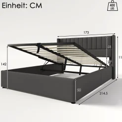Generique Lit coffre 160 x 200 cm - Lit Double avec Sommier à Lattes - Lin Bois Métal - Sans Matelas - Gris Clearance