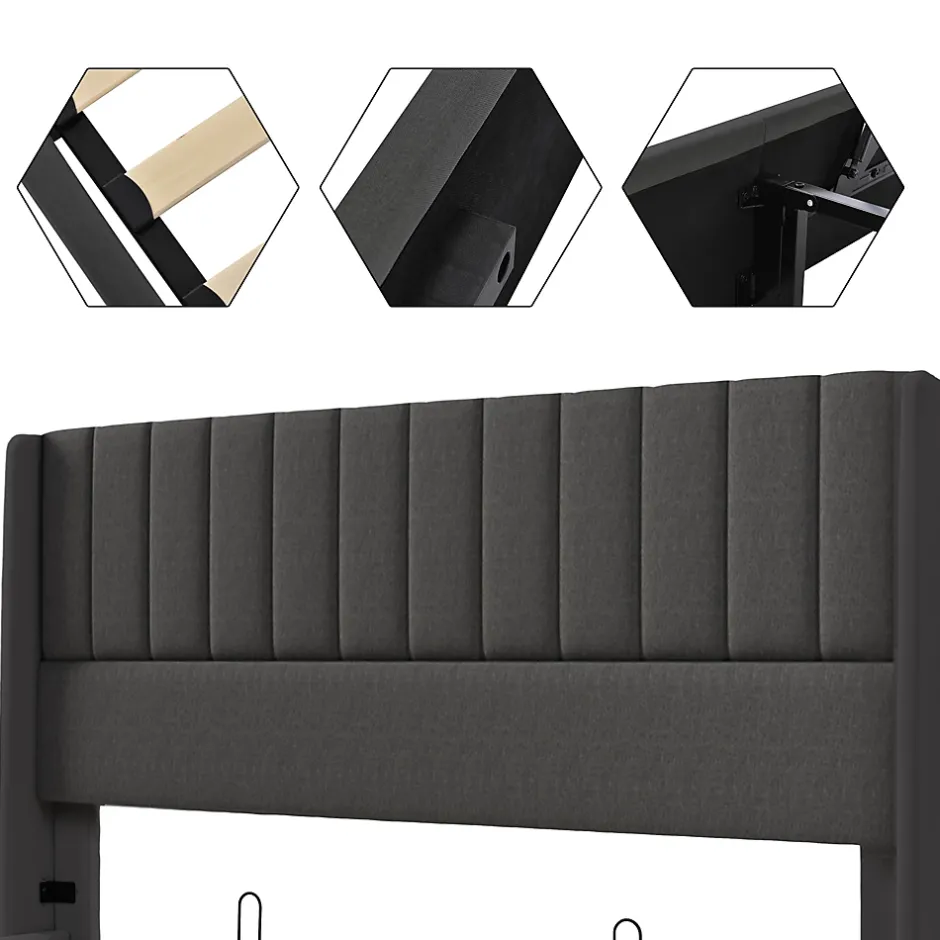 Generique Lit coffre 160 x 200 cm - Lit Double avec Sommier à Lattes - Lin Bois Métal - Sans Matelas - Gris Clearance
