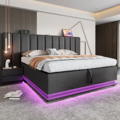 Okwish Lit Coffre 180 x 200 Cm - Lit Double Capitonné avec LED et Charge USB-C - Métal, Lin, Bois Massif - Sans Matelas - Gris Discount