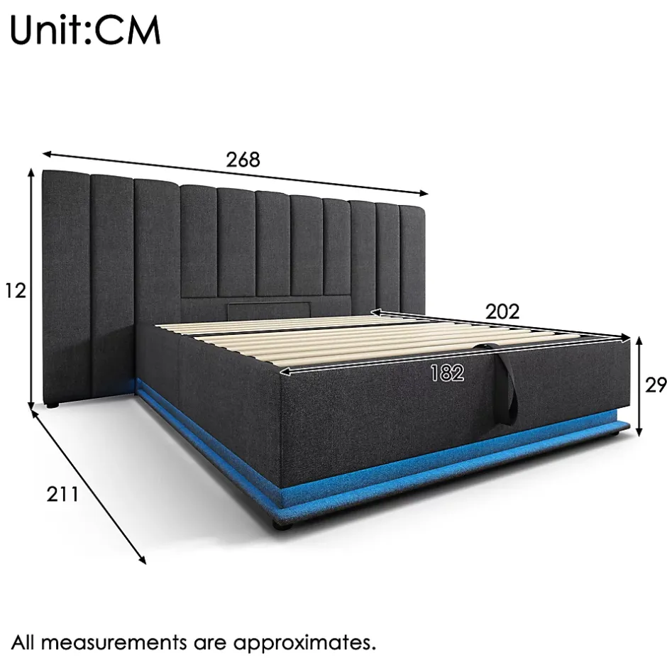 Okwish Lit Coffre 180 x 200 Cm - Lit Double Capitonné avec LED et Charge USB-C - Métal, Lin, Bois Massif - Sans Matelas - Gris Discount