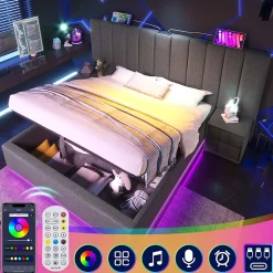 Okwish Lit Coffre 180 x 200 Cm - Lit Double Capitonné avec LED et Charge USB-C - Métal, Lin, Bois Massif - Sans Matelas - Gris Discount