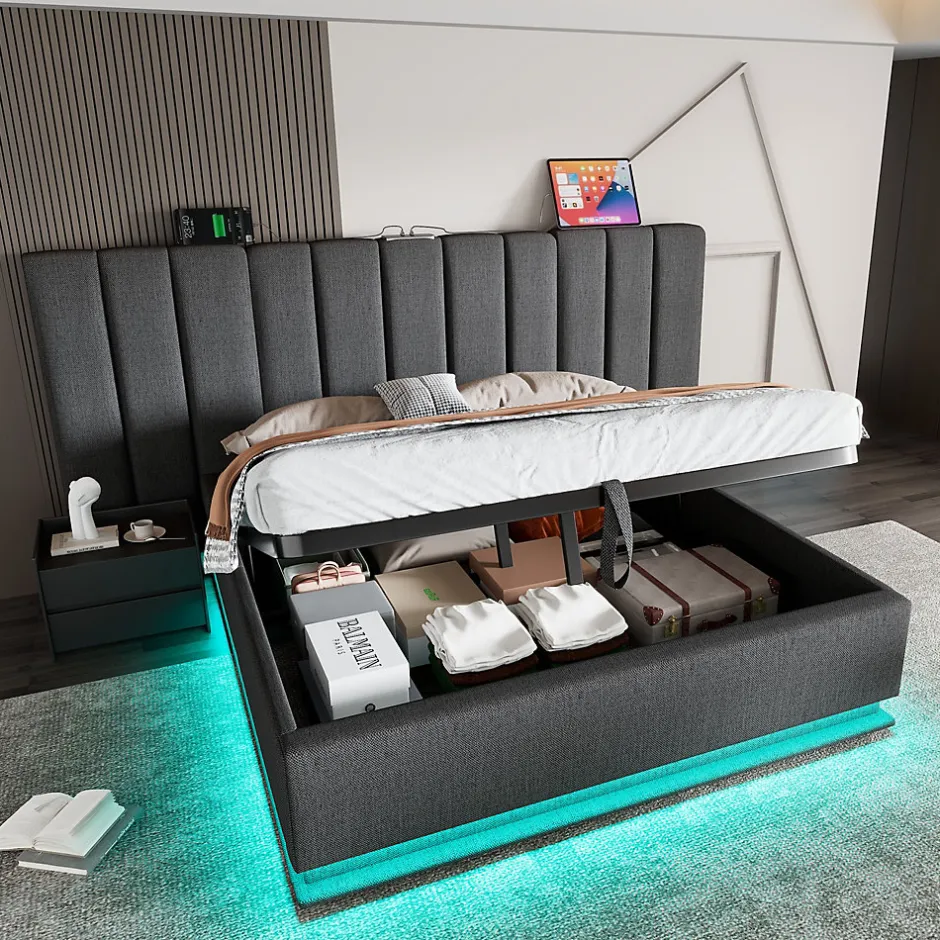 Okwish Lit Coffre 180 x 200 Cm - Lit Double Capitonné avec LED et Charge USB-C - Métal, Lin, Bois Massif - Sans Matelas - Gris Discount