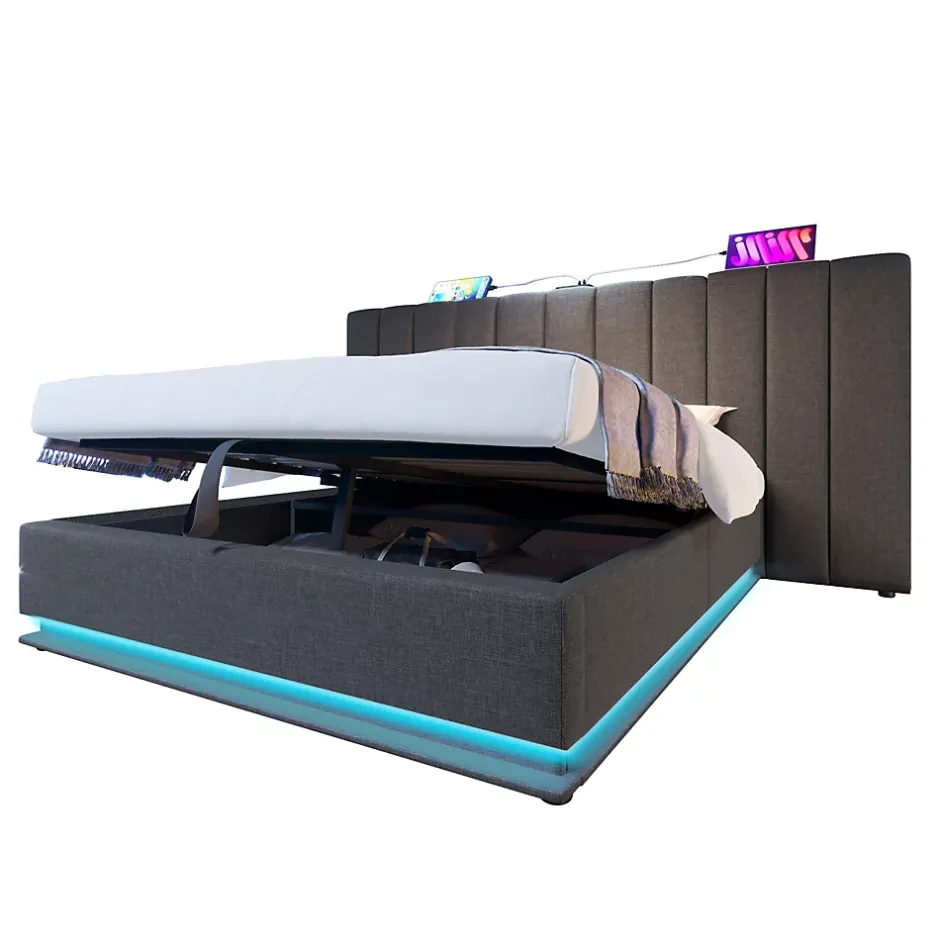 Okwish Lit Coffre 180 x 200 Cm - Lit Double Capitonné avec LED et Charge USB-C - Métal, Lin, Bois Massif - Sans Matelas - Gris Discount