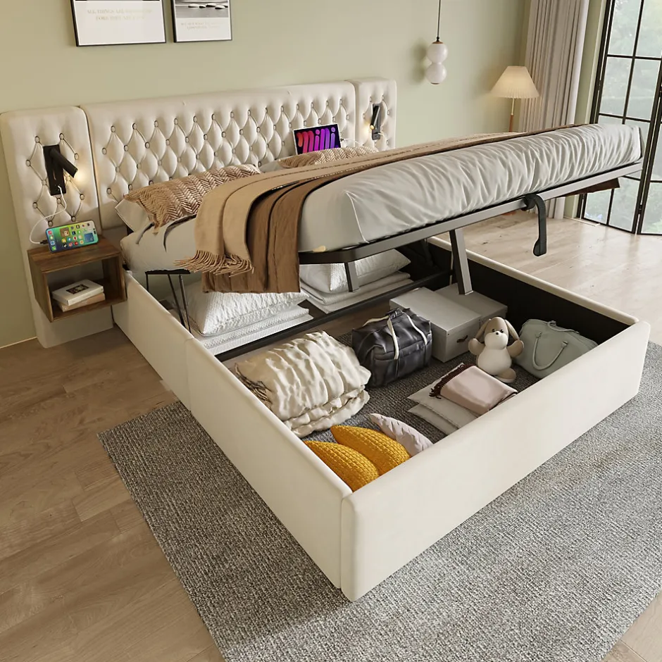 Okwish Lit coffre 180 x 200 cm - Lit rembourré avec 2 tables de chevet et lampe de lecture - Velours - Sans Matelas - Beige