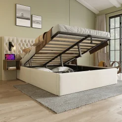 Okwish Lit coffre 180 x 200 cm - Lit rembourré avec 2 tables de chevet et lampe de lecture - Velours - Sans Matelas - Beige