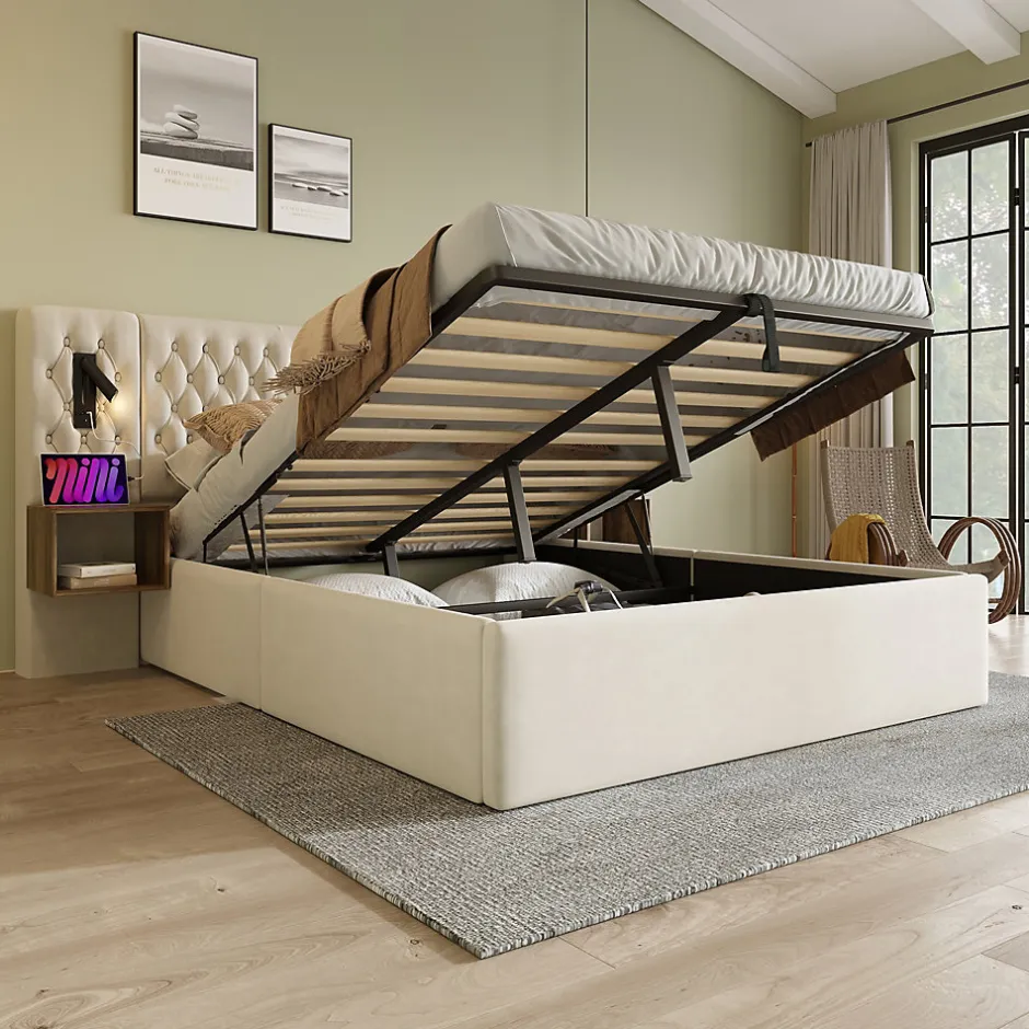 Okwish Lit coffre 180 x 200 cm - Lit rembourré avec 2 tables de chevet et lampe de lecture - Velours - Sans Matelas - Beige