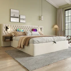 Okwish Lit coffre 180 x 200 cm - Lit rembourré avec 2 tables de chevet et lampe de lecture - Velours - Sans Matelas - Beige
