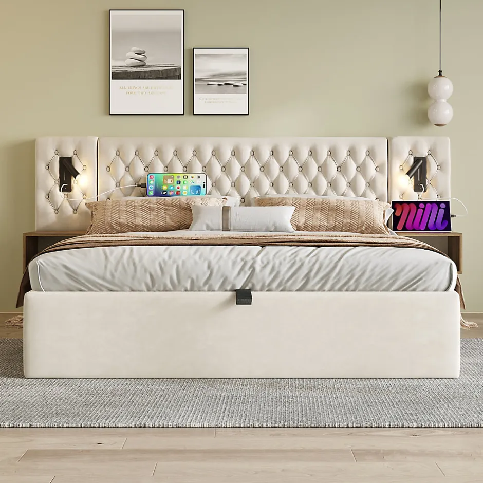 Okwish Lit coffre 180 x 200 cm - Lit rembourré avec 2 tables de chevet et lampe de lecture - Velours - Sans Matelas - Beige