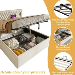 Okwish Lit coffre 180 x 200 cm - Lit rembourré avec 2 tables de chevet et lampe de lecture - Velours - Sans Matelas - Beige