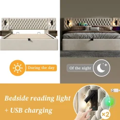 Okwish Lit coffre 180 x 200 cm - Lit rembourré avec 2 tables de chevet et lampe de lecture - Velours - Sans Matelas - Beige
