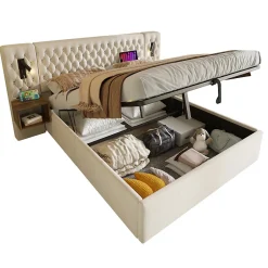 Okwish Lit coffre 180 x 200 cm - Lit rembourré avec 2 tables de chevet et lampe de lecture - Velours - Sans Matelas - Beige