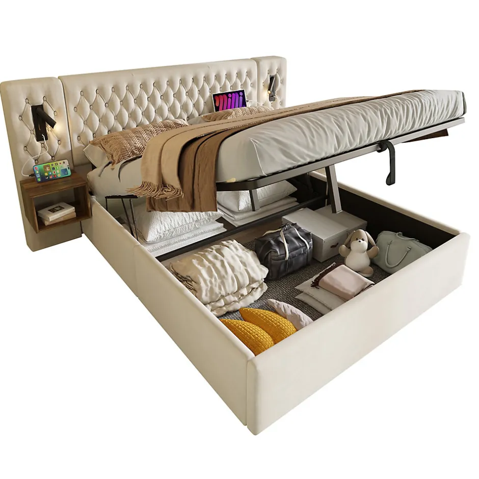 Okwish Lit coffre 180 x 200 cm - Lit rembourré avec 2 tables de chevet et lampe de lecture - Velours - Sans Matelas - Beige