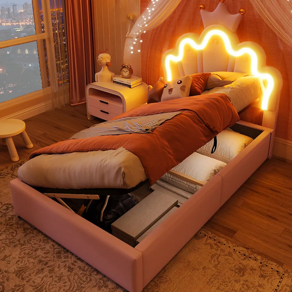 Okwish Lit Coffre 90 x 200 cm - Lit Simple Déco avec Mécanisme Hydraulique et LED, Tête de Lit Réglable - PU et MDF - Sans Matelas - Rose
