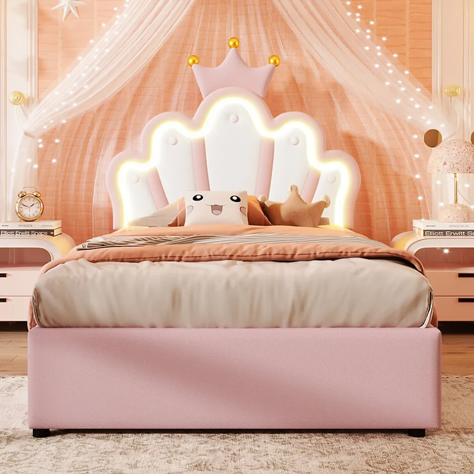 Okwish Lit Coffre 90 x 200 cm - Lit Simple Déco avec Mécanisme Hydraulique et LED, Tête de Lit Réglable - PU et MDF - Sans Matelas - Rose