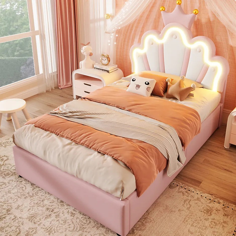 Okwish Lit Coffre 90 x 200 cm - Lit Simple Déco avec Mécanisme Hydraulique et LED, Tête de Lit Réglable - PU et MDF - Sans Matelas - Rose