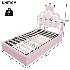 Okwish Lit Coffre 90 x 200 cm - Lit Simple Déco avec Mécanisme Hydraulique et LED, Tête de Lit Réglable - PU et MDF - Sans Matelas - Rose