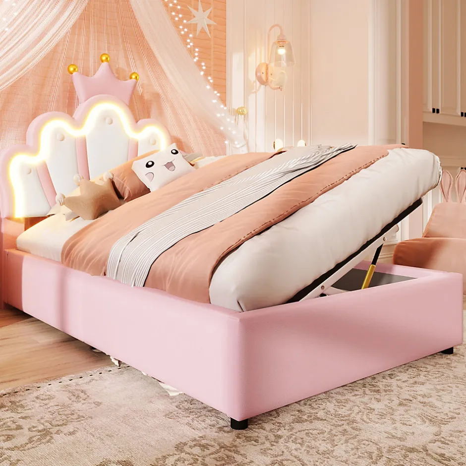 Okwish Lit Coffre 90 x 200 cm - Lit Simple Déco avec Mécanisme Hydraulique et LED, Tête de Lit Réglable - PU et MDF - Sans Matelas - Rose