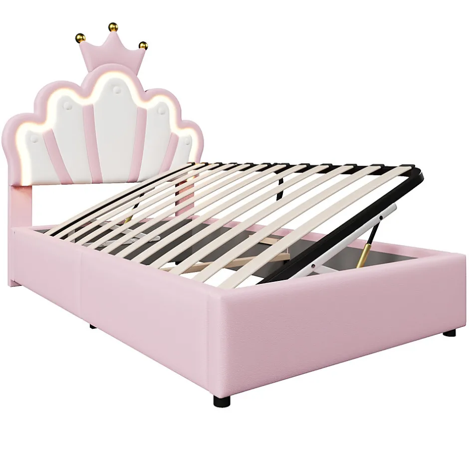 Okwish Lit Coffre 90 x 200 cm - Lit Simple Déco avec Mécanisme Hydraulique et LED, Tête de Lit Réglable - PU et MDF - Sans Matelas - Rose