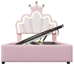 Okwish Lit Coffre 90 x 200 cm - Lit Simple Déco avec Mécanisme Hydraulique et LED, Tête de Lit Réglable - PU et MDF - Sans Matelas - Rose