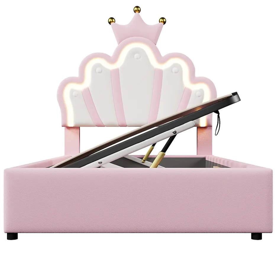 Okwish Lit Coffre 90 x 200 cm - Lit Simple Déco avec Mécanisme Hydraulique et LED, Tête de Lit Réglable - PU et MDF - Sans Matelas - Rose