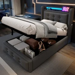 Okwish Lit Coffre 90 x 200 Cm - Lit Simple avec Tête de Lit LED et Charge USB C - Bois, Coton, Métal - Sans Matelas - Gris