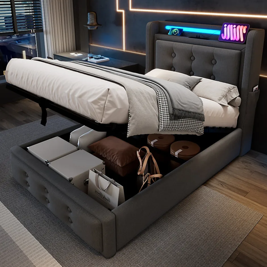 Okwish Lit Coffre 90 x 200 Cm - Lit Simple avec Tête de Lit LED et Charge USB C - Bois, Coton, Métal - Sans Matelas - Gris
