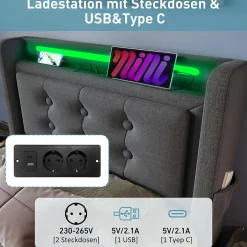 Okwish Lit Coffre 90 x 200 Cm - Lit Simple avec Tête de Lit LED et Charge USB C - Bois, Coton, Métal - Sans Matelas - Gris