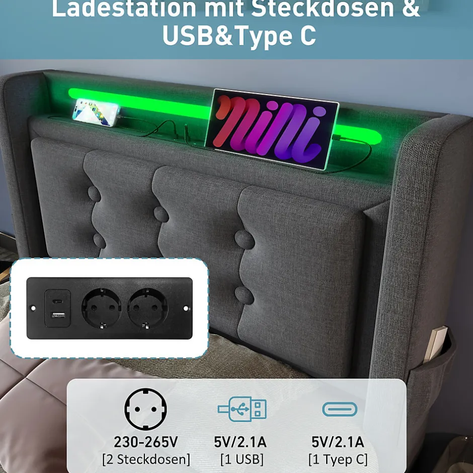 Okwish Lit Coffre 90 x 200 Cm - Lit Simple avec Tête de Lit LED et Charge USB C - Bois, Coton, Métal - Sans Matelas - Gris