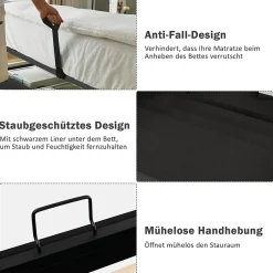 Okwish Lit Coffre 90 x 200 Cm - Lit Simple avec Tête de Lit LED et Charge USB C - Bois, Coton, Métal - Sans Matelas - Gris