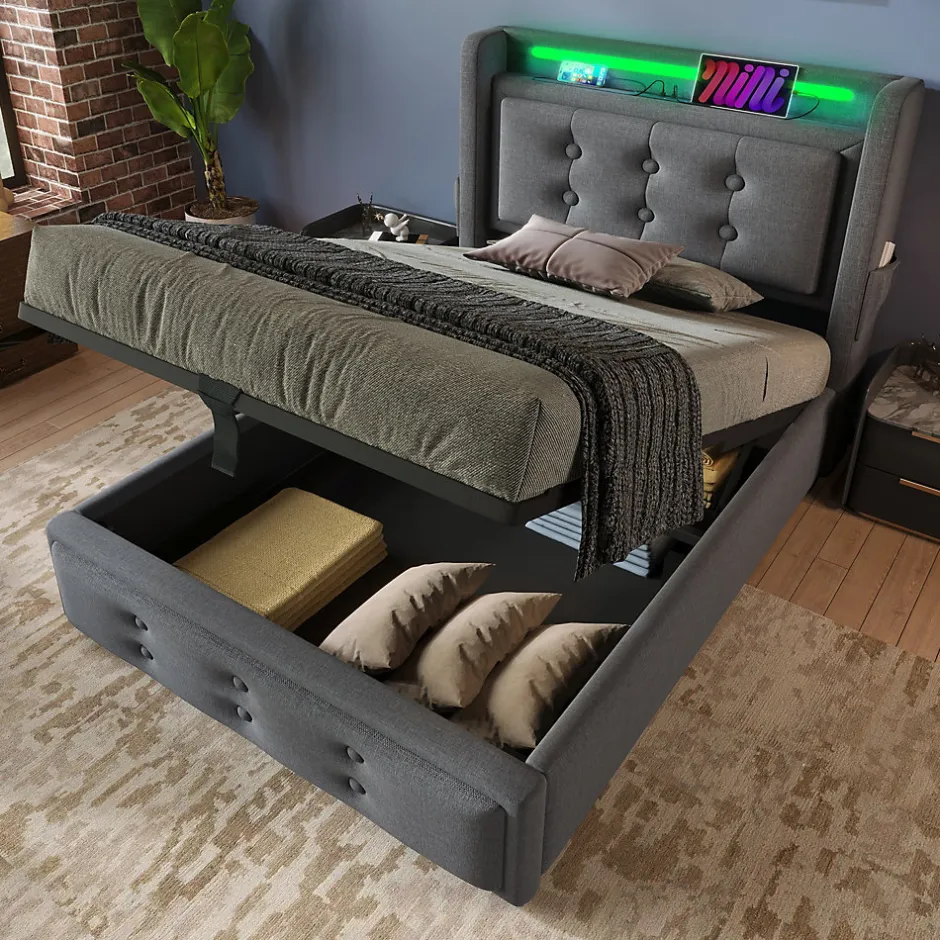 Okwish Lit Coffre 90 x 200 Cm - Lit Simple avec Tête de Lit LED et Charge USB C - Bois, Coton, Métal - Sans Matelas - Gris