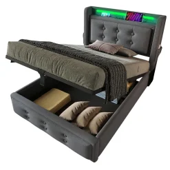 Okwish Lit Coffre 90 x 200 Cm - Lit Simple avec Tête de Lit LED et Charge USB C - Bois, Coton, Métal - Sans Matelas - Gris