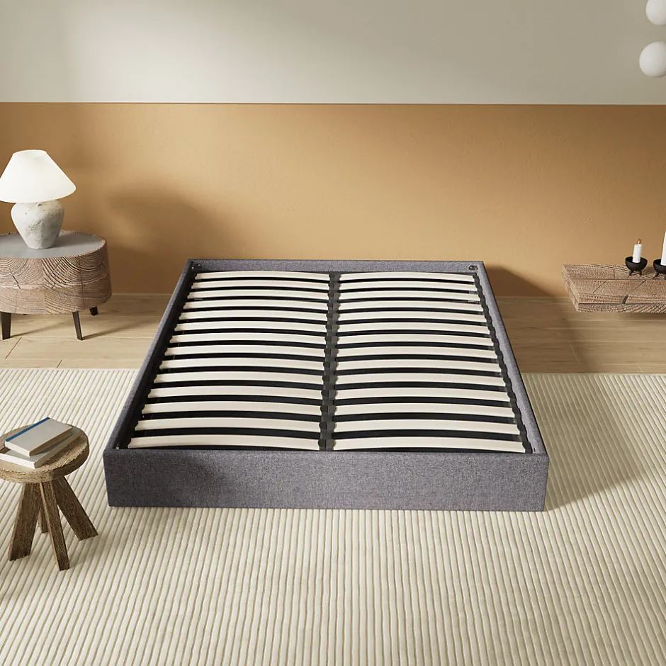 November Lit Coffre 120 x 190 cm - Sommier à lattes en bois - Cadre en tissu gris